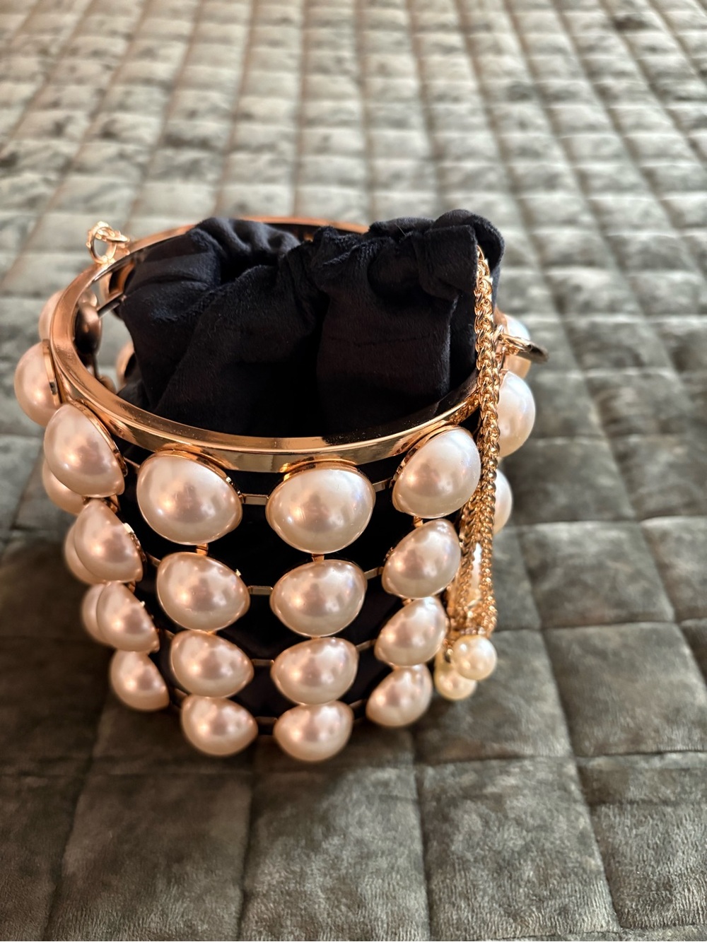 Pearl-Embellished Drawstring Bucket Bag - Black & Gold